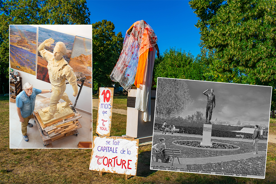 Montage représentant la statue de Bigeard, le projet proposé et le sculpteur Boris Lejeune